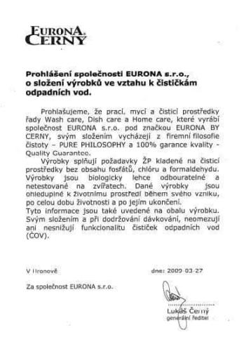Prohlášení Eurona s.r.o. o složení výrobků ve vztahu k čističkám odpadních vod